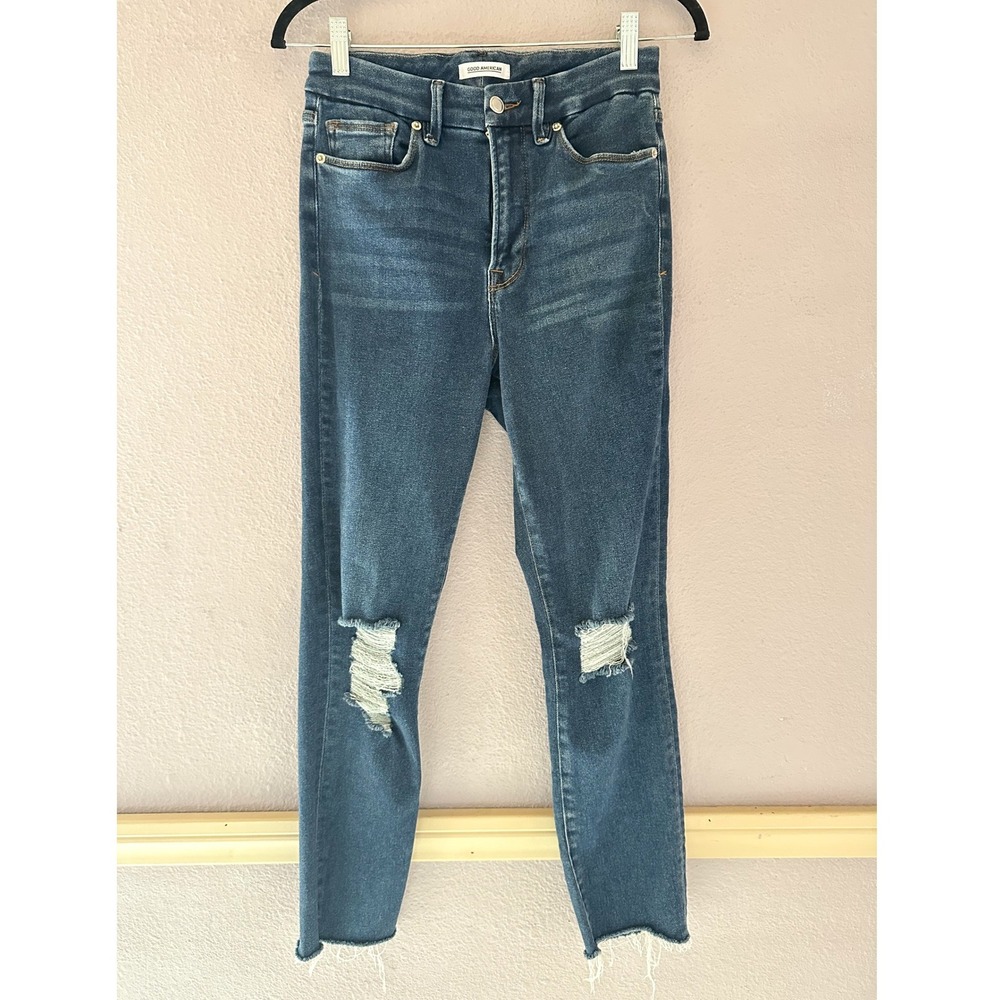 Good American Good Waist Crop Skinny Jeans Distressed Raw Hem‎ Size 6/28